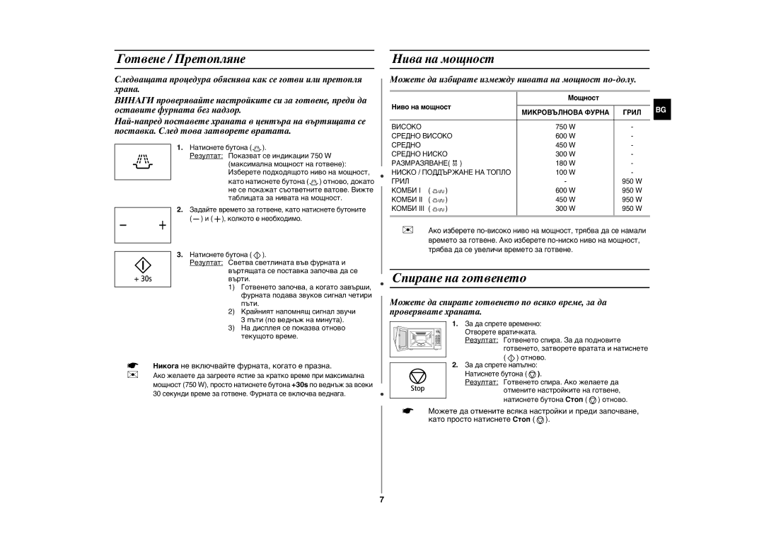 Samsung GW76NM/BOL manual Спиране на готвенето, Готвене / Претопляне, Нива на мощност, Отново 