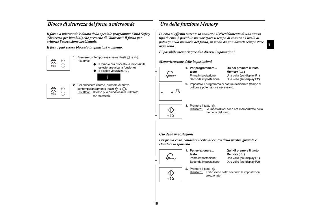 Samsung GW76NMT/XET manual Blocco di sicurezza del forno a microonde, Uso della funzione Memory 