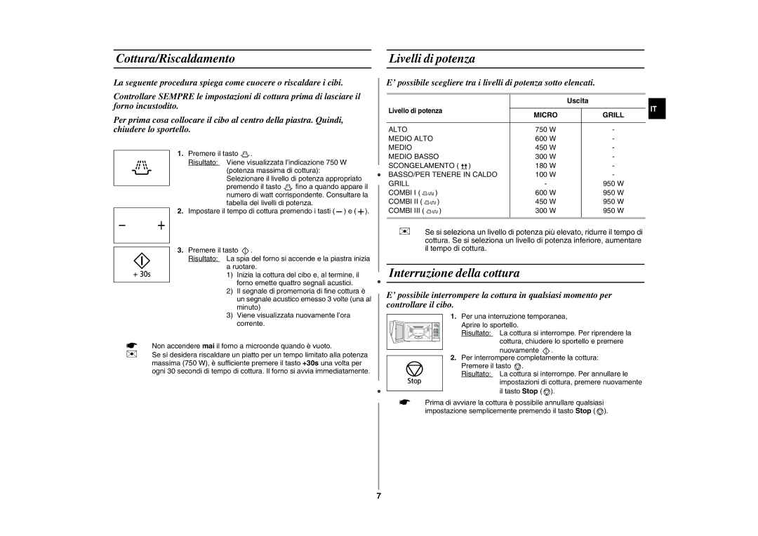 Samsung GW76NMT/XET manual Cottura/Riscaldamento Livelli di potenza, Interruzione della cottura, Uscita 