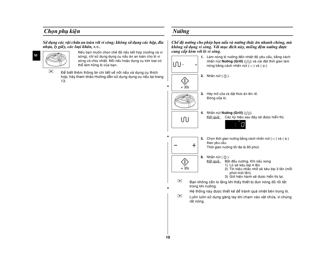 Samsung GW76NM/XSV manual Choïn phuï kieän, Nhaán nuùt Nöôùng Grill 