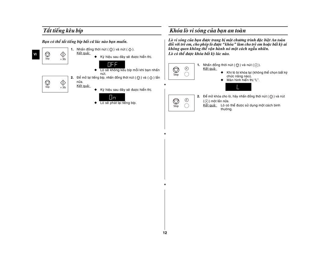 Samsung GW76NM/XSV manual Taét tieáng keâu bíp, Khoùa loø vi soùng cuûa baïn an toaøn 