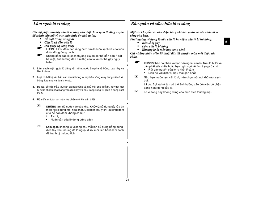 Samsung GW76NM/XSV manual Laøm saïch loø vi soùng, Baûo quaûn vaø söûa chöõa loø vi soùng 