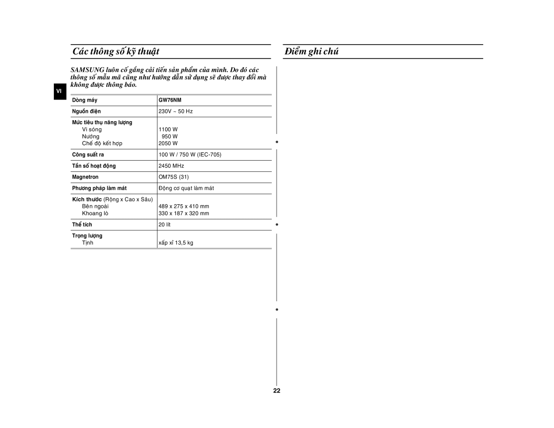 Samsung GW76NM/XSV manual Caùc thoâng soá kyõ thuaät Ñieåm ghi chuù 