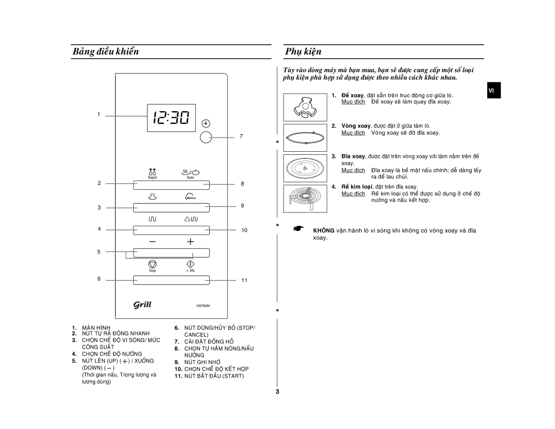 Samsung GW76NM/XSV manual Baûng ñieàu khieån Phuï kieän, Muïc ñích Voøng xoay seõ ñôõ ñóa xoay, Xoay 