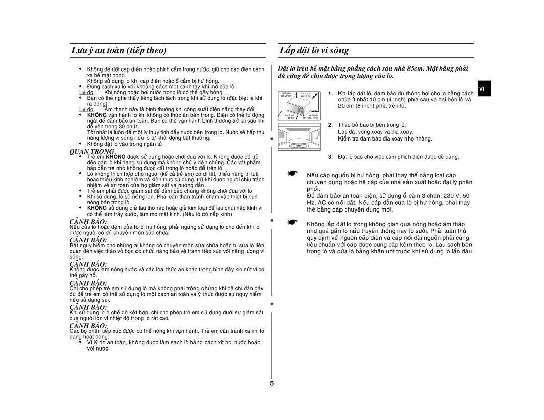 Samsung GW76NM/XSV manual Löu yù an toaøn tieáp theo, Laép ñaët loø vi soùng, Quan Troïng, Caûnh Baùo 