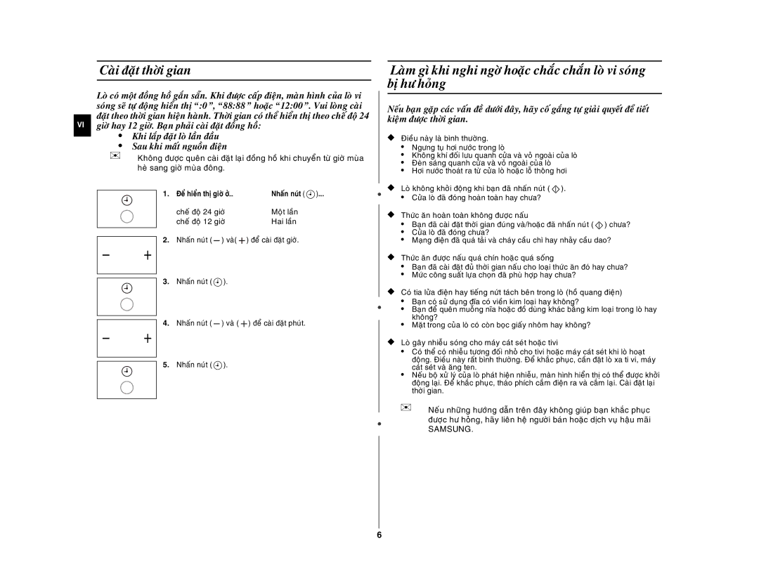 Samsung GW76NM/XSV manual Caøi ñaët thôøi gian, Khi laép ñaët loø laàn ñaàu Sau khi maát nguoàn ñieän 