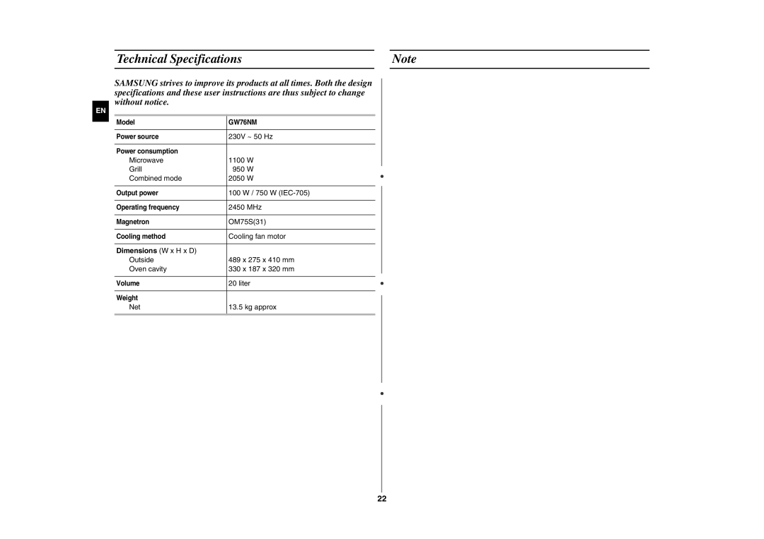 Samsung GW76NM/XSV manual Technical Specifications, Dimensions W x H x D 