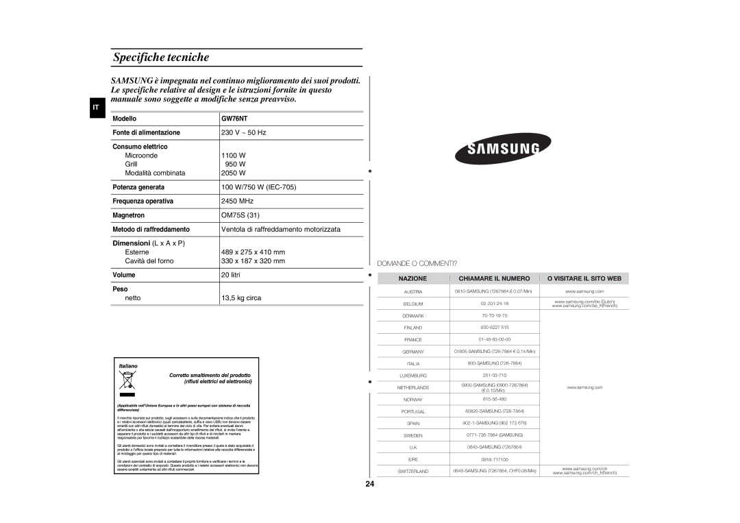 Samsung GW76NT-B/XET, GW76NT-SS/XET, GW76NT-SSX/XET manual Specifiche tecniche, Dimensioni L x a x P 