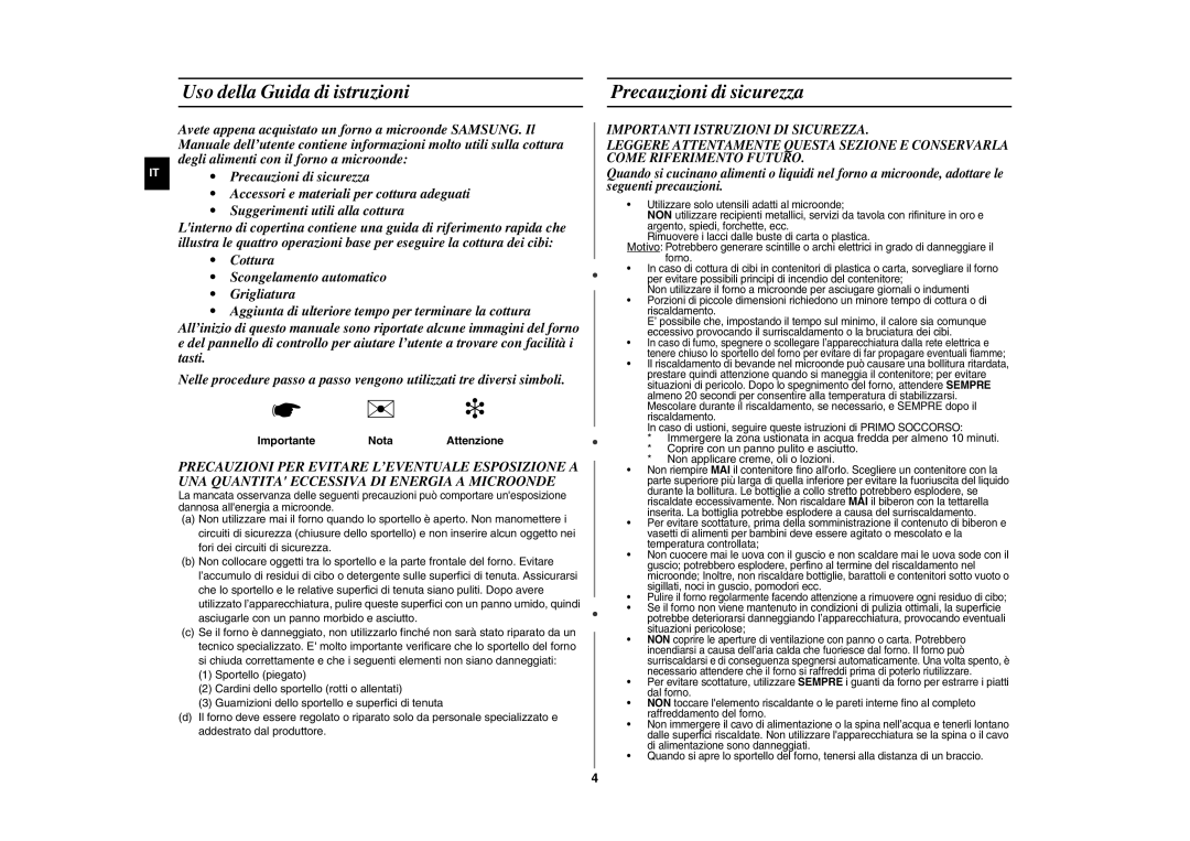 Samsung GW76NT-SS/XET, GW76NT-B/XET Uso della Guida di istruzioni Precauzioni di sicurezza, Importante Nota Attenzione 