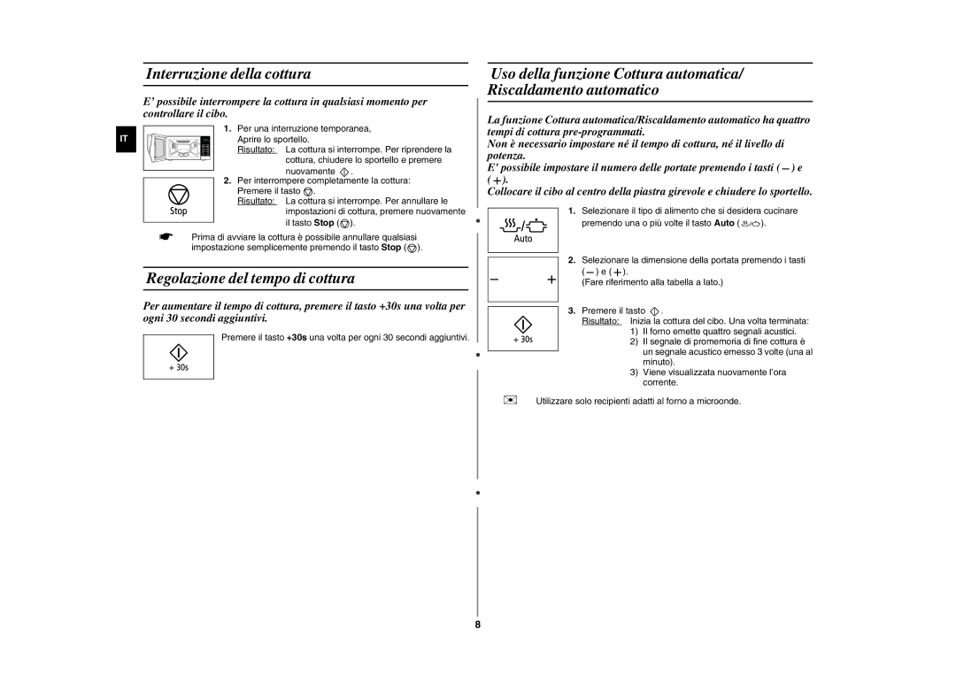 Samsung GW76NT-SSX/XET, GW76NT-B/XET, GW76NT-SS/XET manual Interruzione della cottura, Regolazione del tempo di cottura 