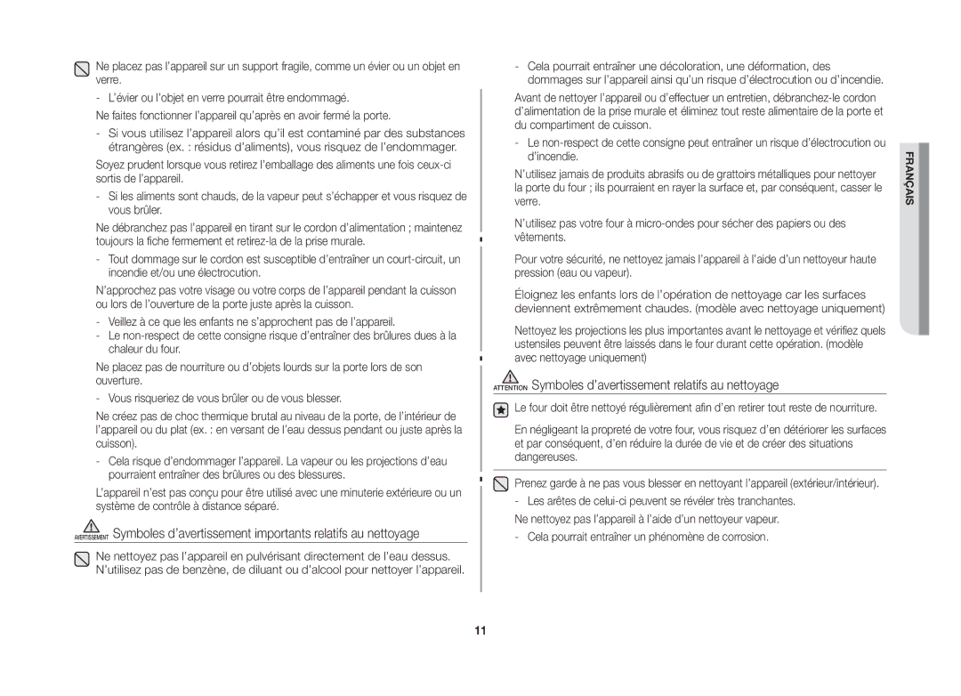 Samsung GW76NT-SX/XEF manual Cela pourrait entraîner un phénomène de corrosion 