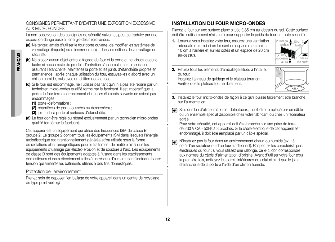 Samsung GW76NT-SX/XEF manual Installation du four micro-ondes 