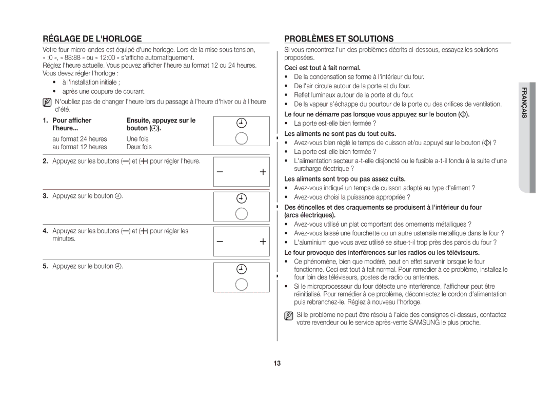 Samsung GW76NT-SX/XEF Réglage de lhorloge, Problèmes et solutions, Pour afficher Ensuite, appuyez sur le ’heure Bouton 