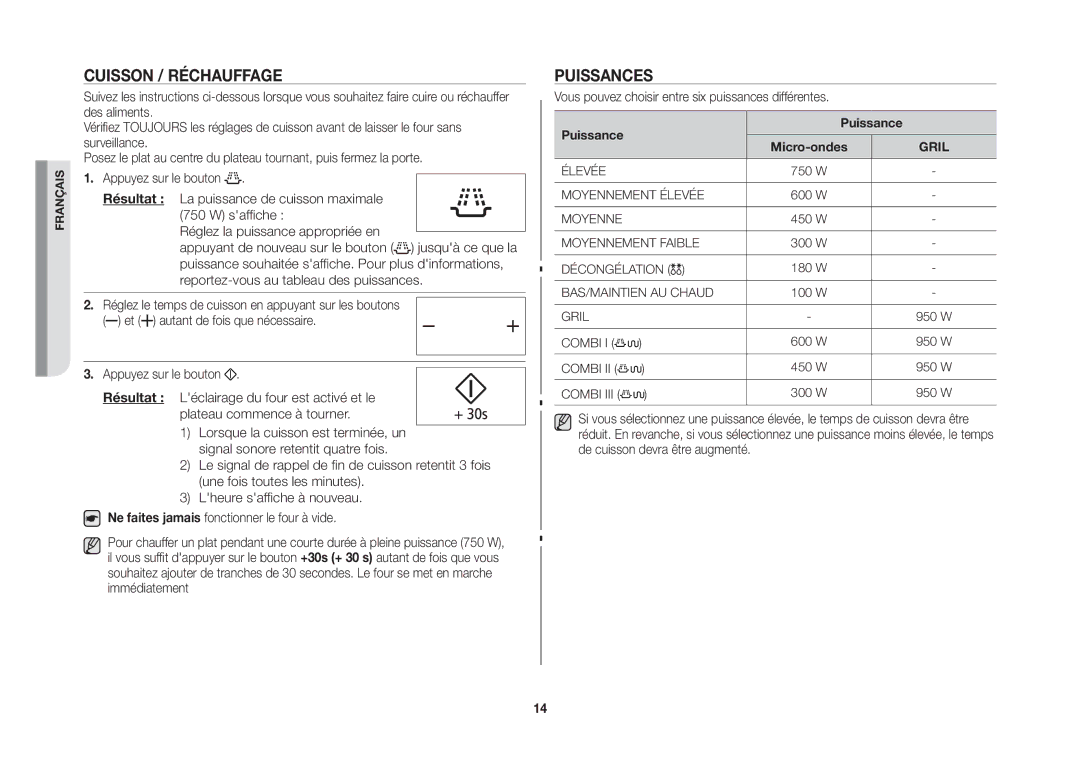 Samsung GW76NT-SX/XEF manual Cuisson / Réchauffage, Puissances, Vous pouvez choisir entre six puissances différentes 