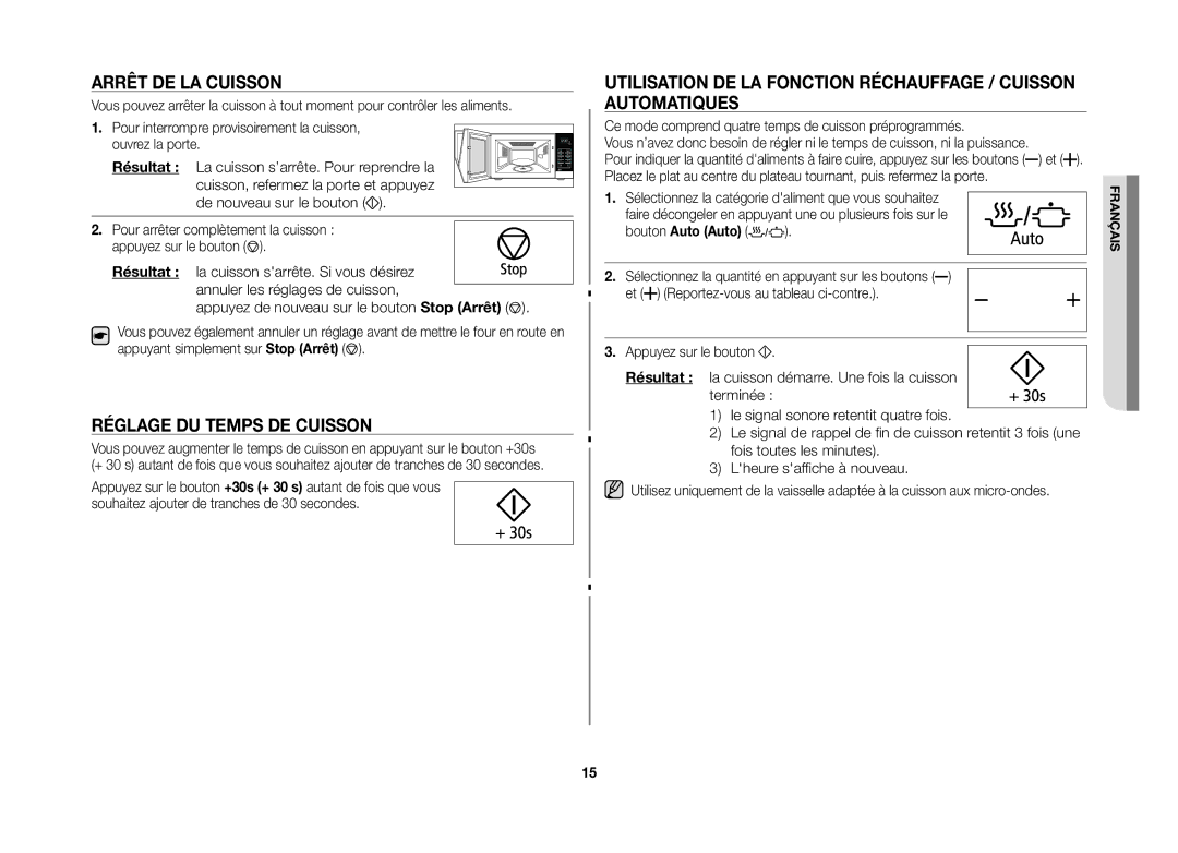 Samsung GW76NT-SX/XEF manual Arrêt de la cuisson, Réglage du temps de cuisson, Bouton Auto Auto 