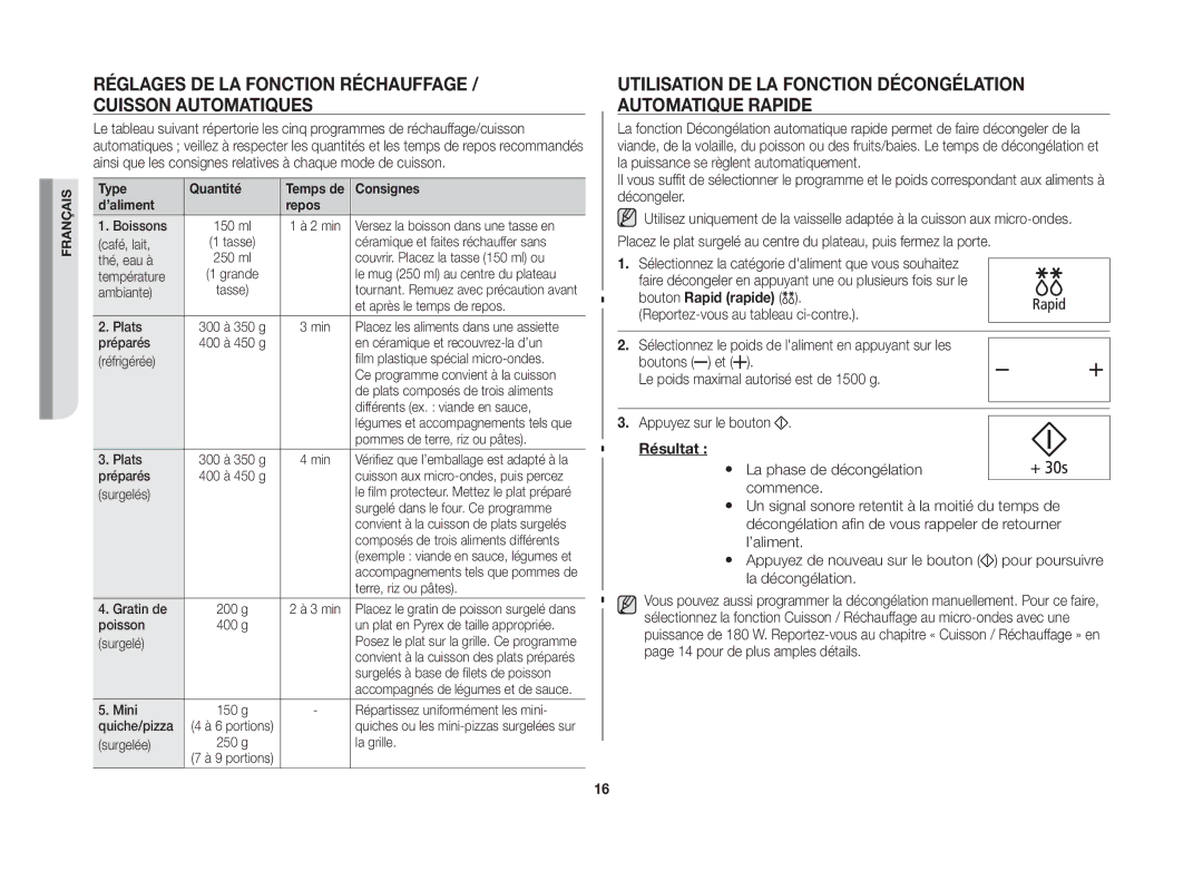 Samsung GW76NT-SX/XEF manual Réglages de la fonction Réchauffage / Cuisson automatiques, Résultat 