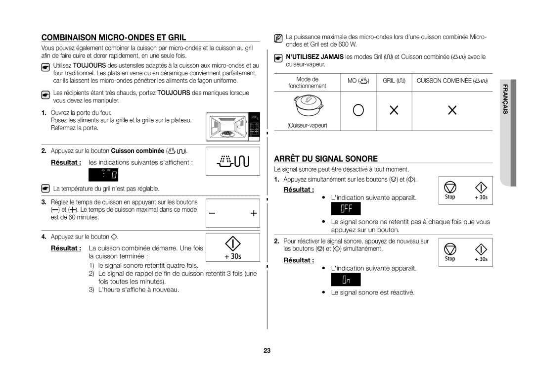 Samsung GW76NT-SX/XEF manual Combinaison micro-ondes et gril, Arrêt du signal sonore 