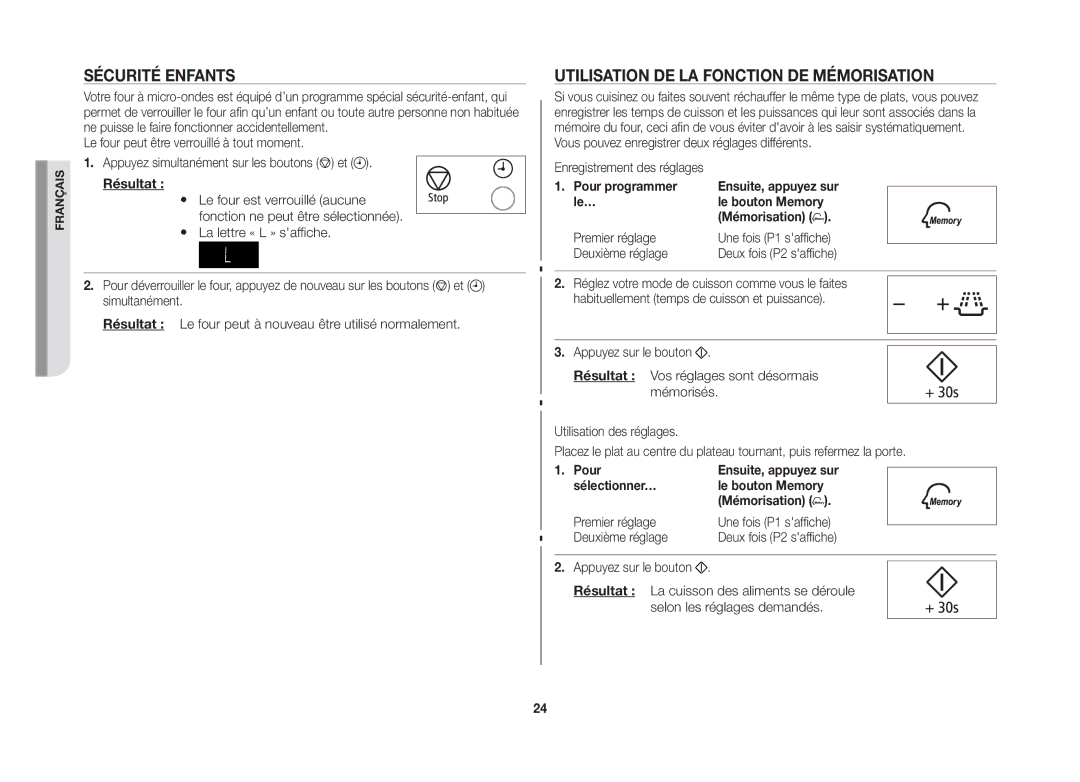 Samsung GW76NT-SX/XEF manual Sécurité enfants, Utilisation de la fonction de mémorisation 