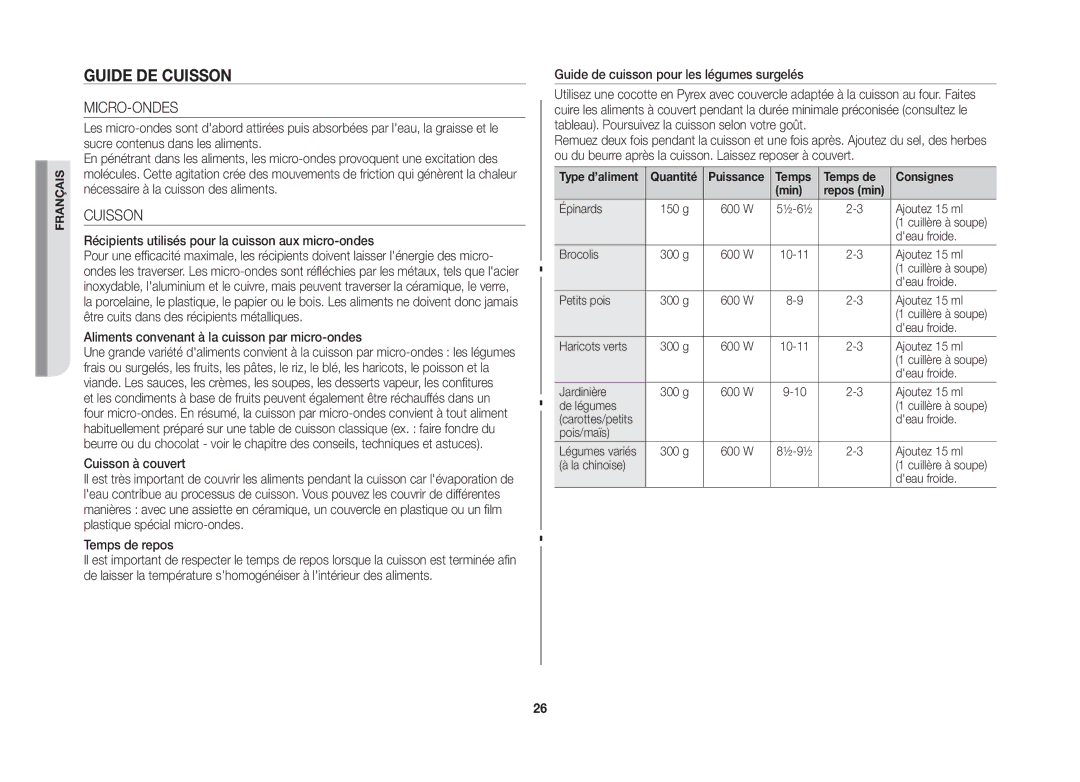 Samsung GW76NT-SX/XEF manual Guide de cuisson, Micro-Ondes, Cuisson 