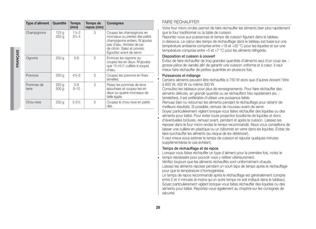 Samsung GW76NT-SX/XEF manual Faire Réchauffer, Disposition et cuisson à couvert 