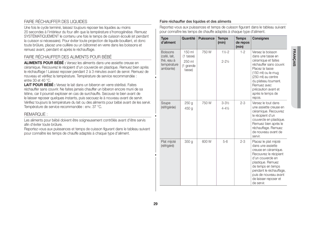 Samsung GW76NT-SX/XEF manual Faire Réchauffer DES Liquides, Faire Réchauffer DES Aliments Pour Bébé, Remarque 