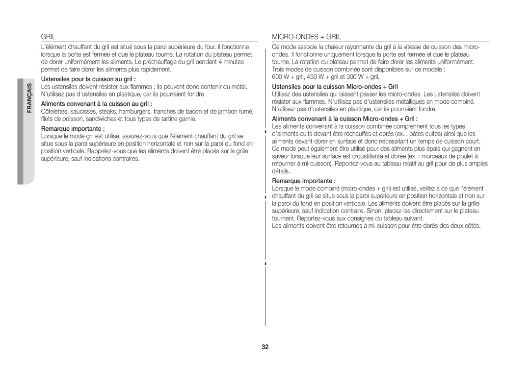 Samsung GW76NT-SX/XEF manual MICRO-ONDES + Gril 