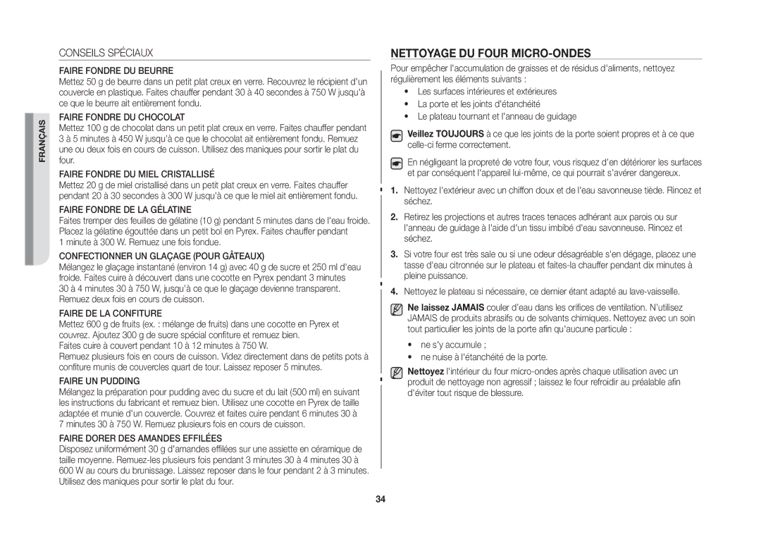 Samsung GW76NT-SX/XEF manual Nettoyage du four micro-ondes, Conseils Spéciaux, Minute à 300 W. Remuez une fois fondue 