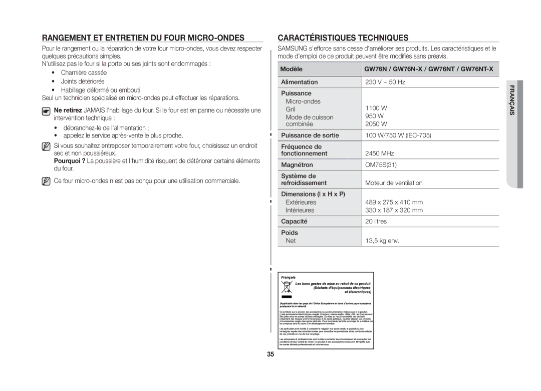 Samsung GW76NT-SX/XEF manual Rangement et entretien du four micro-ondes, Caractéristiques techniques 