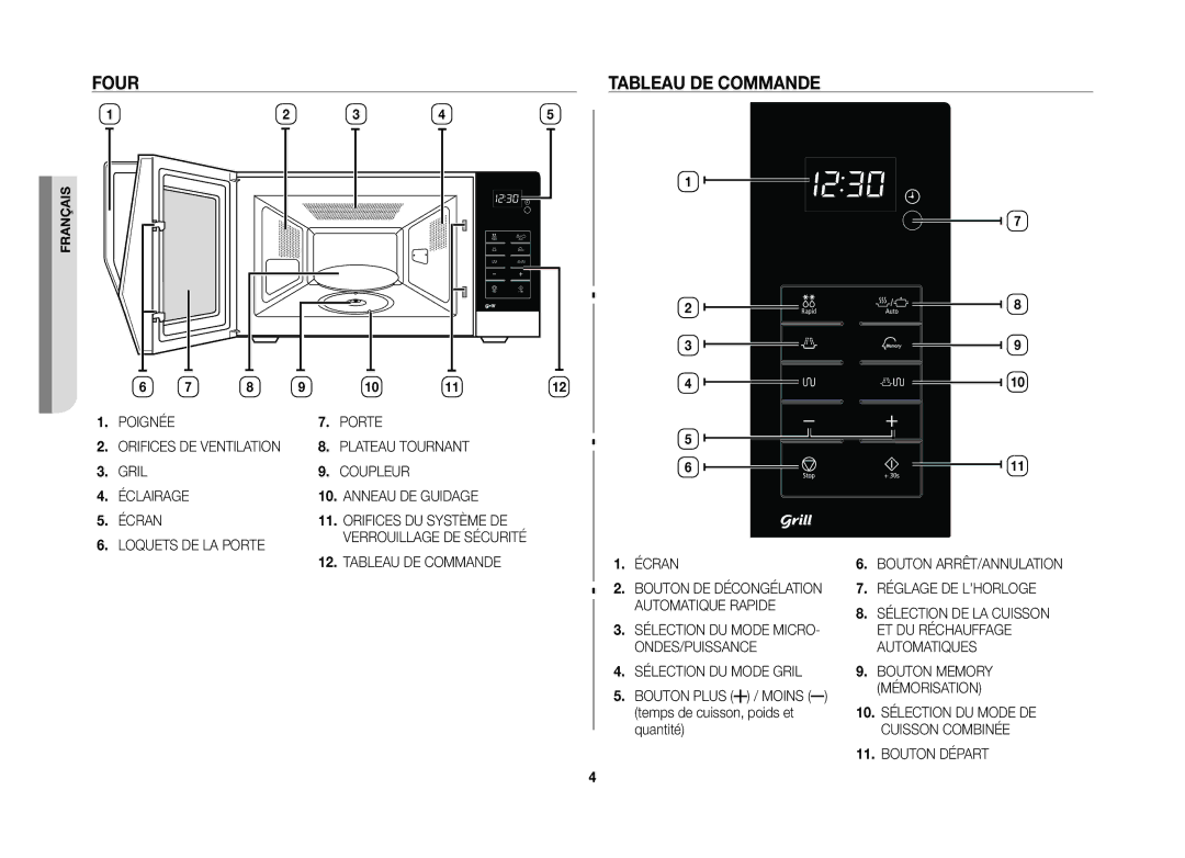 Samsung GW76NT-SX/XEF manual Four, Tableau de commande, Bouton Plus / Moins temps de cuisson, poids et quantité 