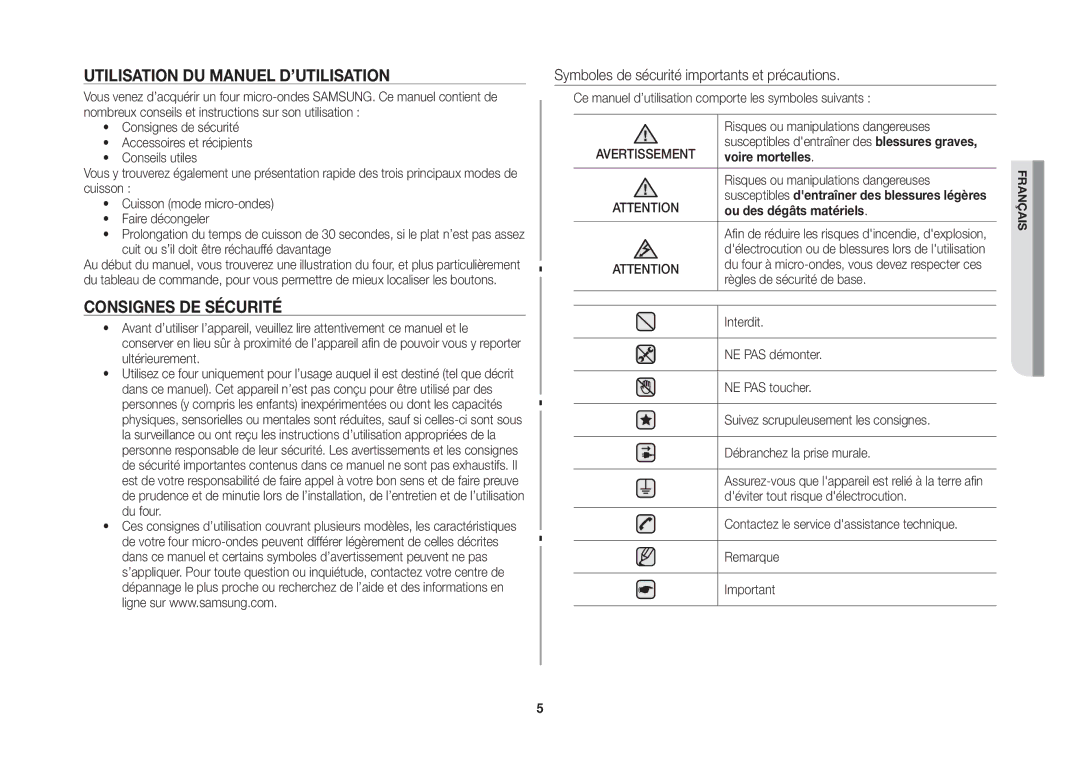 Samsung GW76NT-SX/XEF Utilisation du manuel d’utilisation, Consignes de sécurité, Voire mortelles, Ou des dégâts matériels 