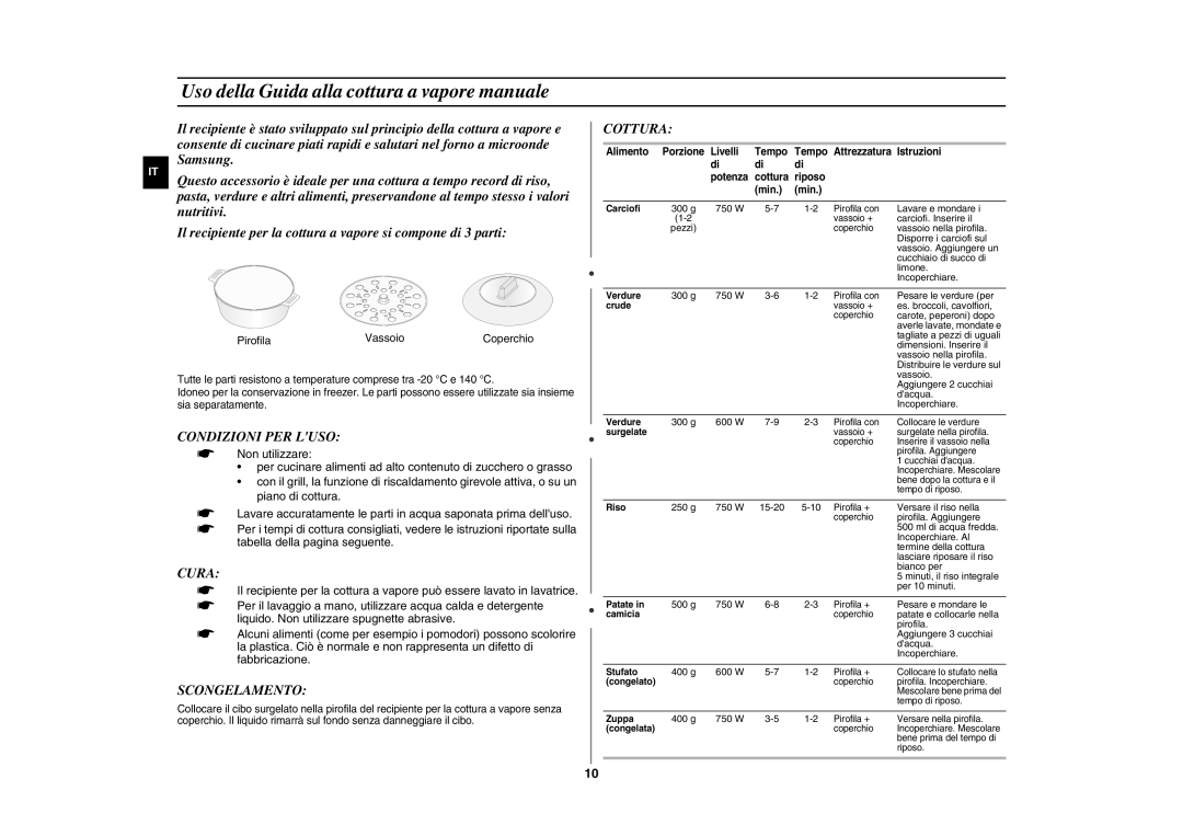 Samsung GW76NT-SX/XET Uso della Guida alla cottura a vapore manuale, Condizioni PER Luso, Cura, Scongelamento, Cottura 
