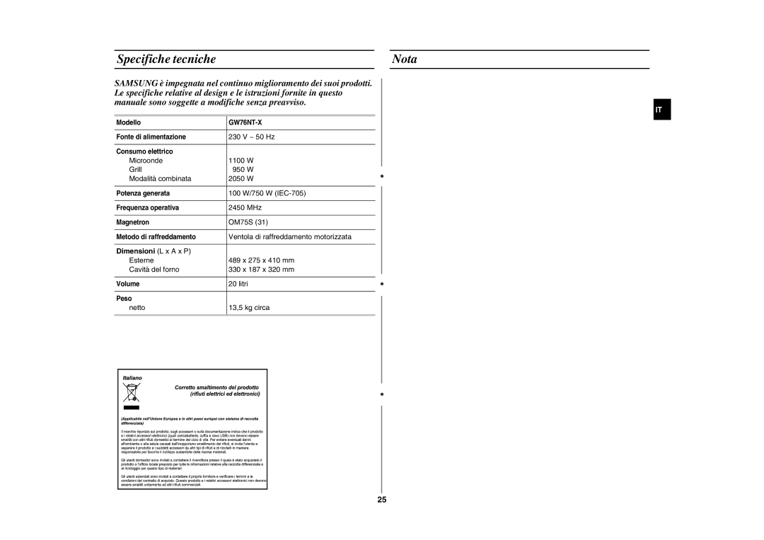 Samsung GW76NT-SX/XET manual Specifiche tecniche Nota, Dimensioni L x a x P 