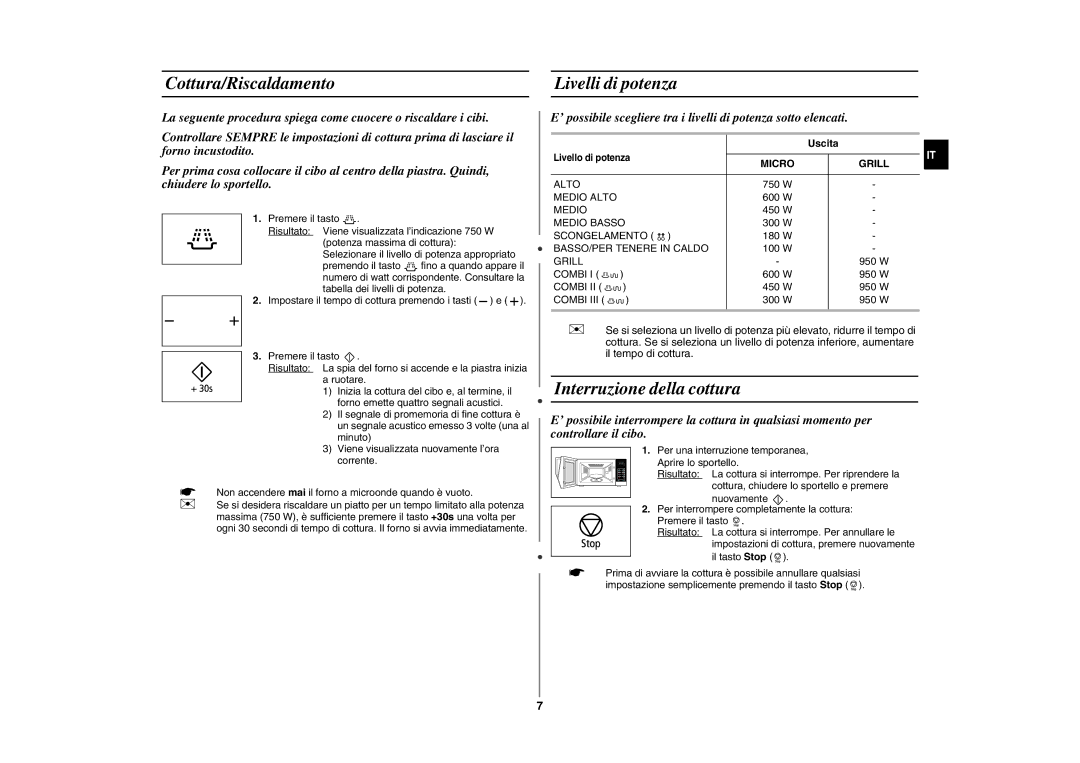 Samsung GW76NT-SX/XET manual Cottura/Riscaldamento Livelli di potenza, Interruzione della cottura, Uscita 