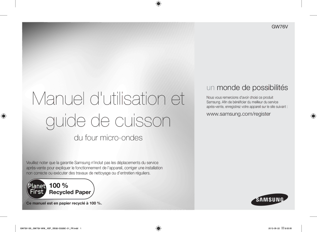 Samsung GW76V-WW/XEF manual Manuel dutilisation et Guide de cuisson 