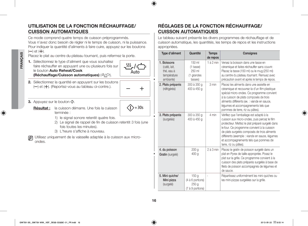 Samsung GW76V-WW/XEF manual Réglages DE LA Fonction RÉCHAUFFAGE/ Cuisson Automatiques, Réchauffage/Cuisson automatiques 