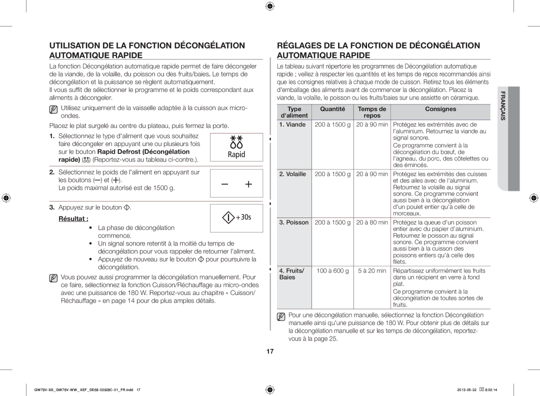 Samsung GW76V-WW/XEF manual Utilisation DE LA Fonction Décongélation Automatique Rapide, La phase de décongélation commence 