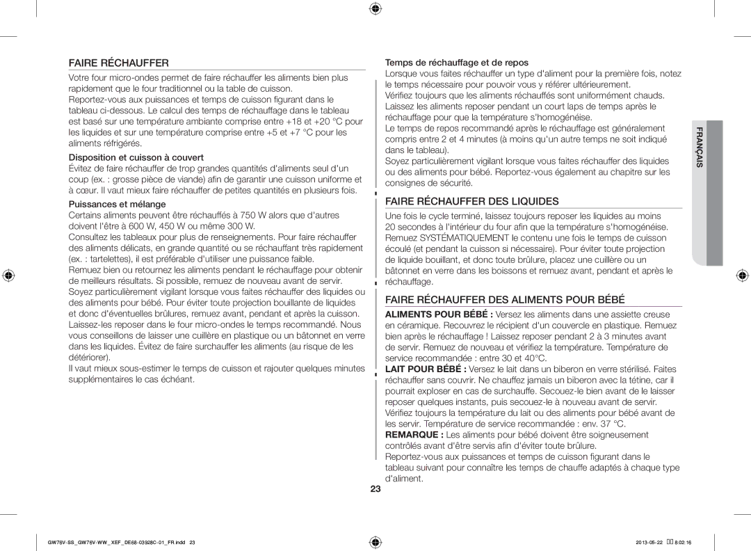 Samsung GW76V-WW/XEF manual Faire Réchauffer DES Liquides, Faire Réchauffer DES Aliments Pour Bébé 