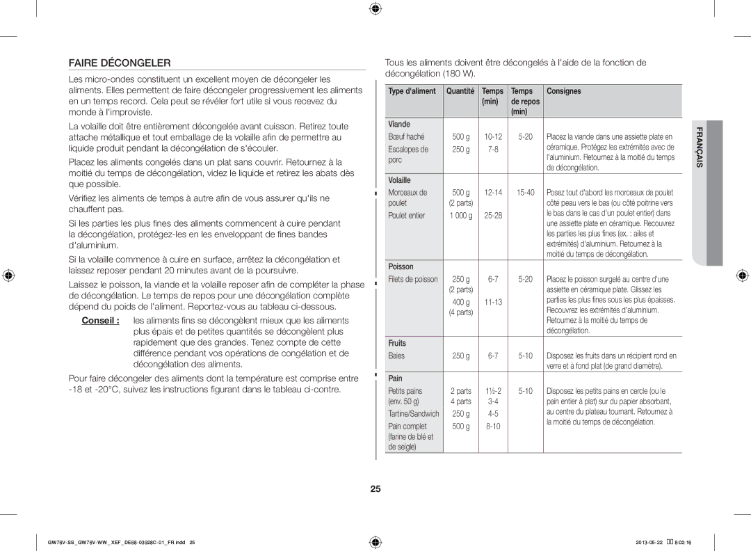 Samsung GW76V-WW/XEF manual Faire Décongeler, Temps Consignes Min 