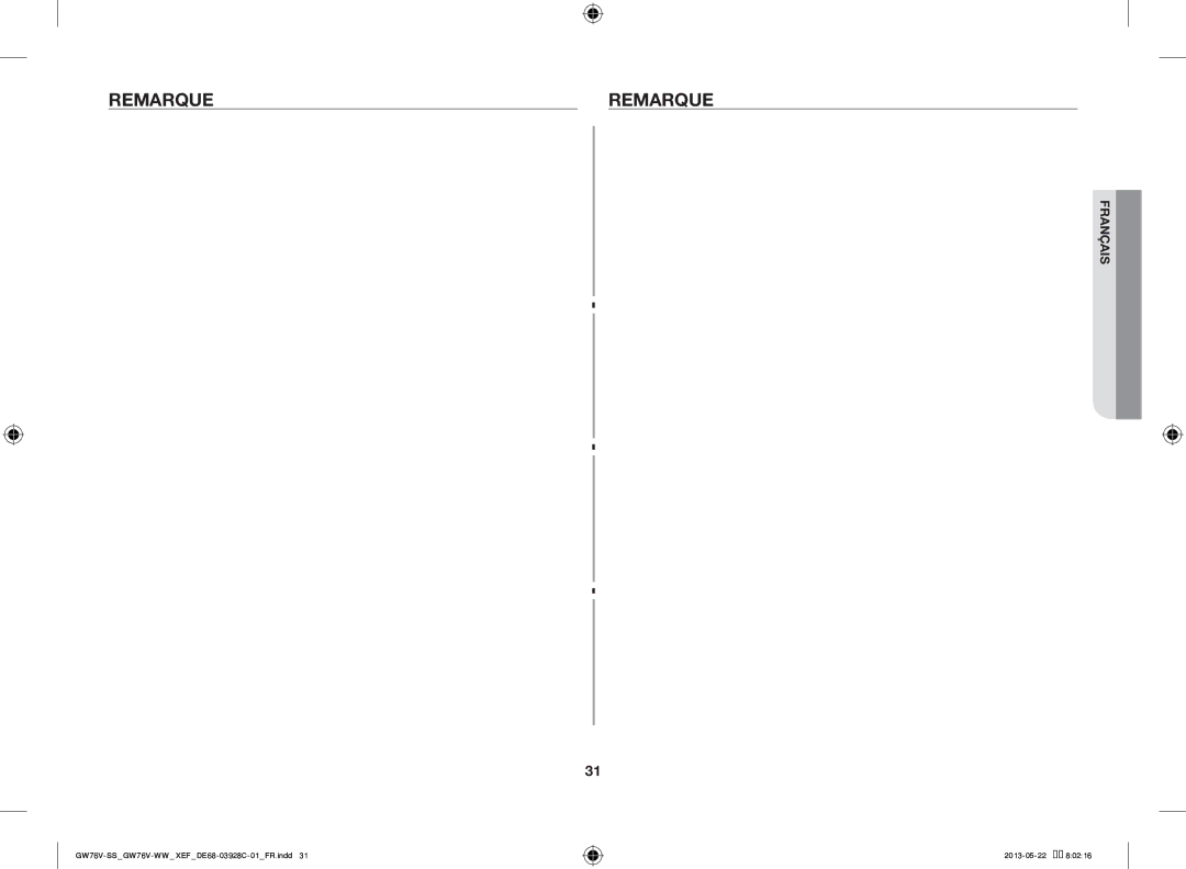 Samsung GW76V-WW/XEF manual Remarque 