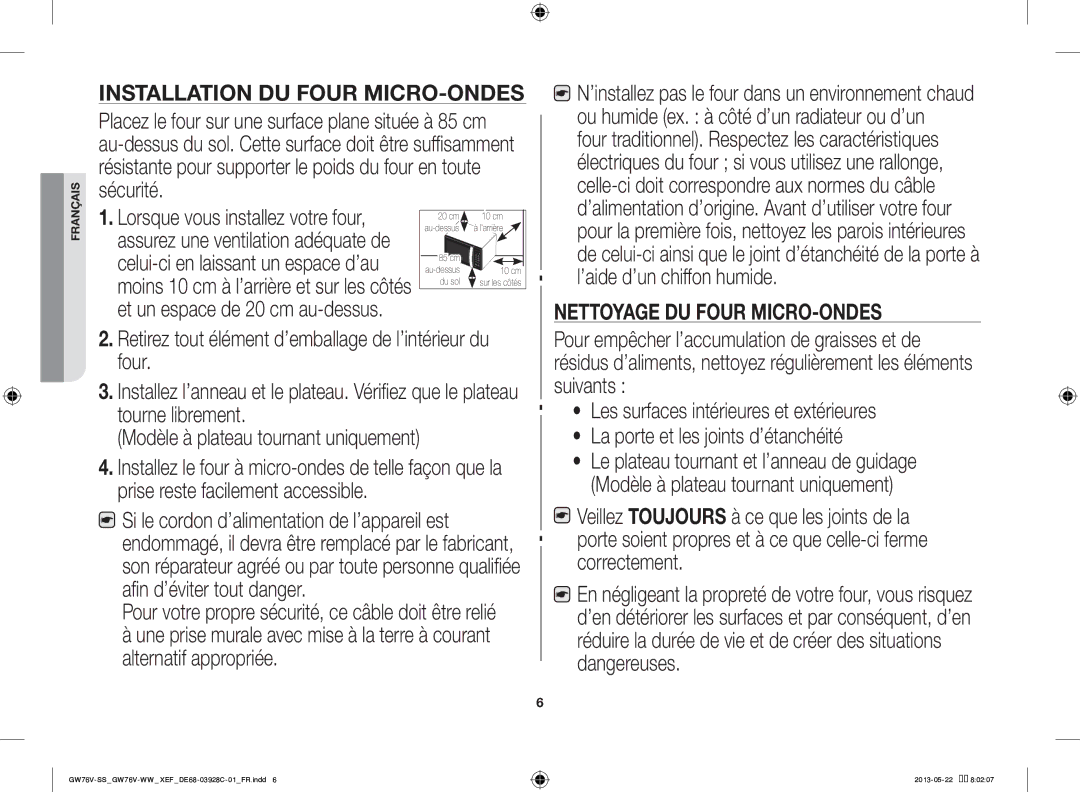 Samsung GW76V-WW/XEF manual Installation DU Four MICRO-ONDES 