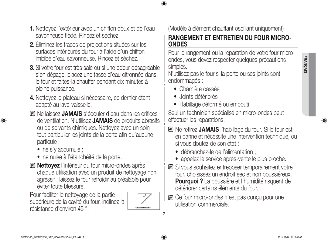 Samsung GW76V-WW/XEF manual Rangement ET Entretien DU Four MICRO- Ondes 