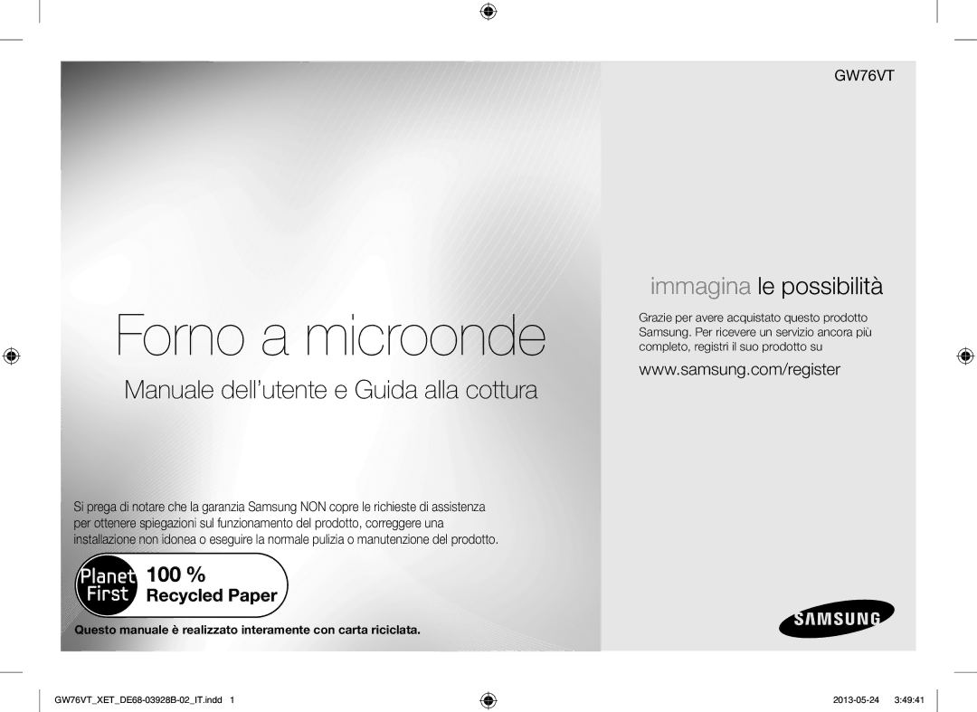 Samsung GW76VT-BB/XET, GW76VT-SS/XET manual Forno a microonde, Questo manuale è realizzato interamente con carta riciclata 