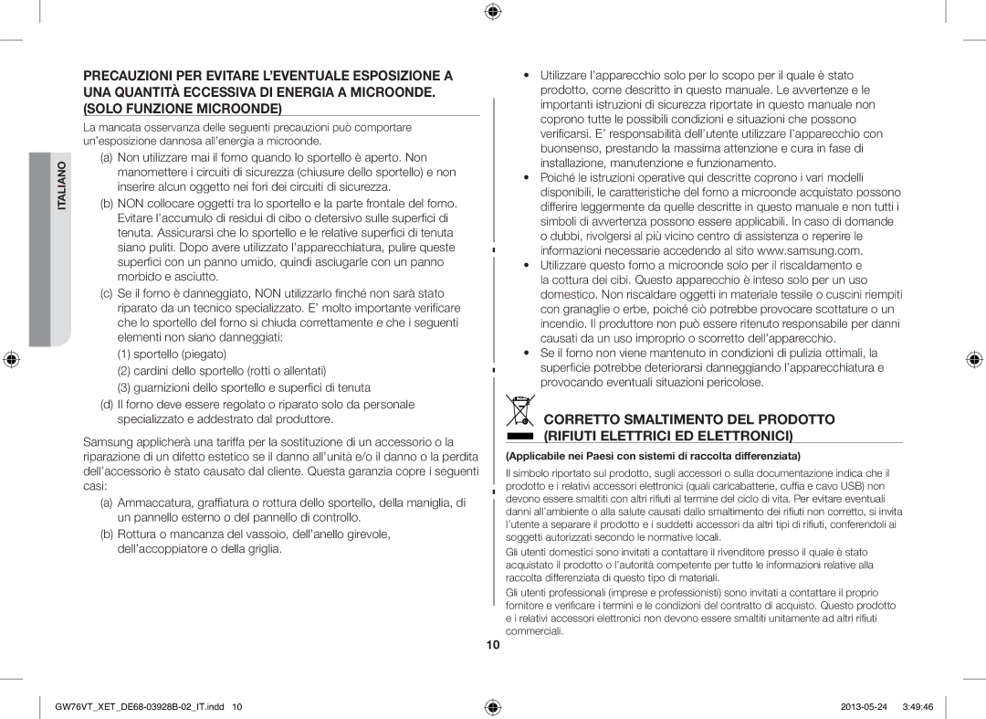 Samsung GW76VT-BB/XET, GW76VT-SSX/XET, GW76VT-SS/XET manual Applicabile nei Paesi con sistemi di raccolta differenziata 