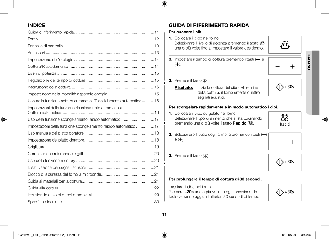 Samsung GW76VT-SS/XET, GW76VT-SSX/XET, GW76VT-BB/XET manual Indice, Guida DI Riferimento Rapida, Per cuocere i cibi 