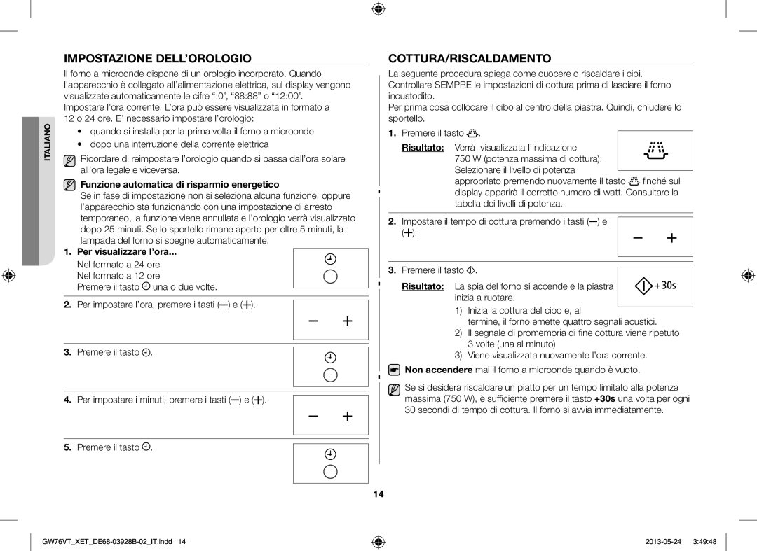 Samsung GW76VT-SS/XET manual Impostazione DELL’OROLOGIO, Cottura/Riscaldamento, Funzione automatica di risparmio energetico 