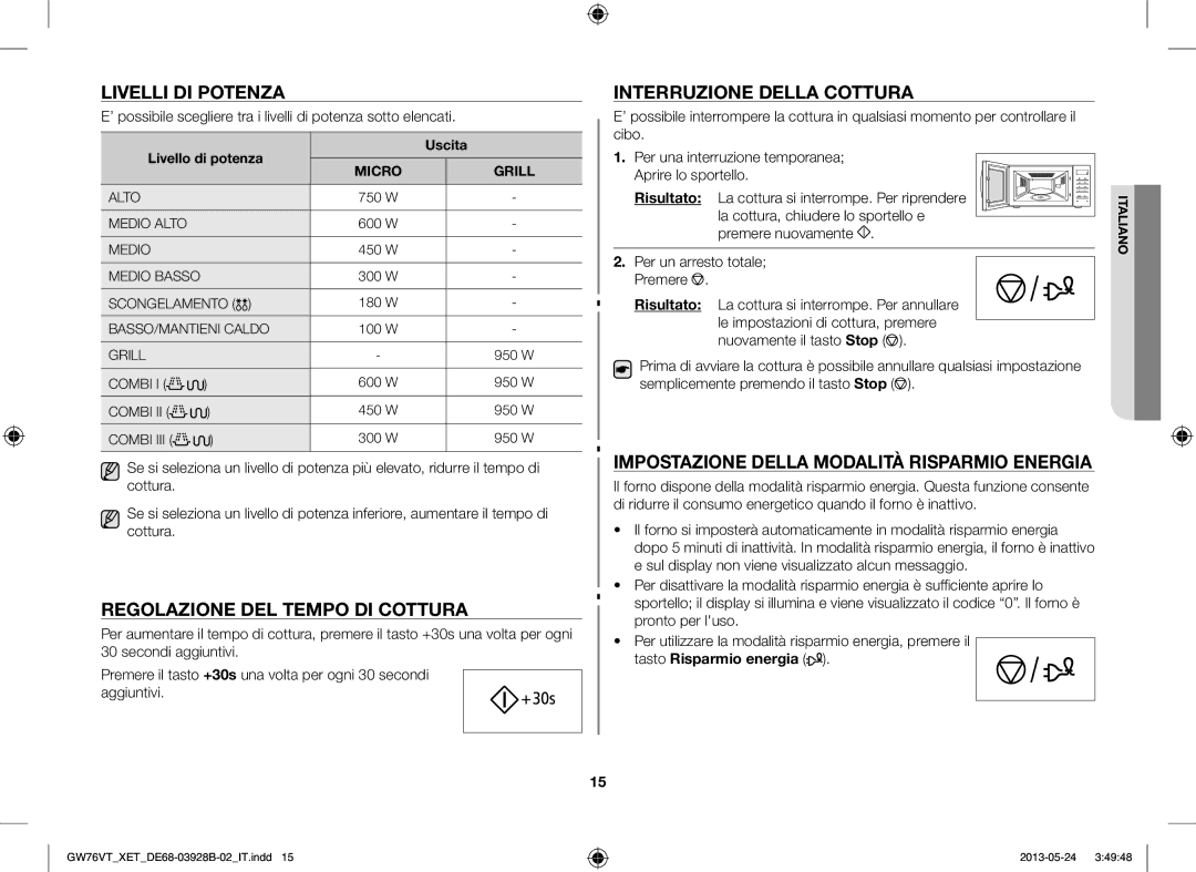 Samsung GW76VT-SSX/XET, GW76VT-BB/XET Livelli DI Potenza, Regolazione DEL Tempo DI Cottura, Interruzione Della Cottura 