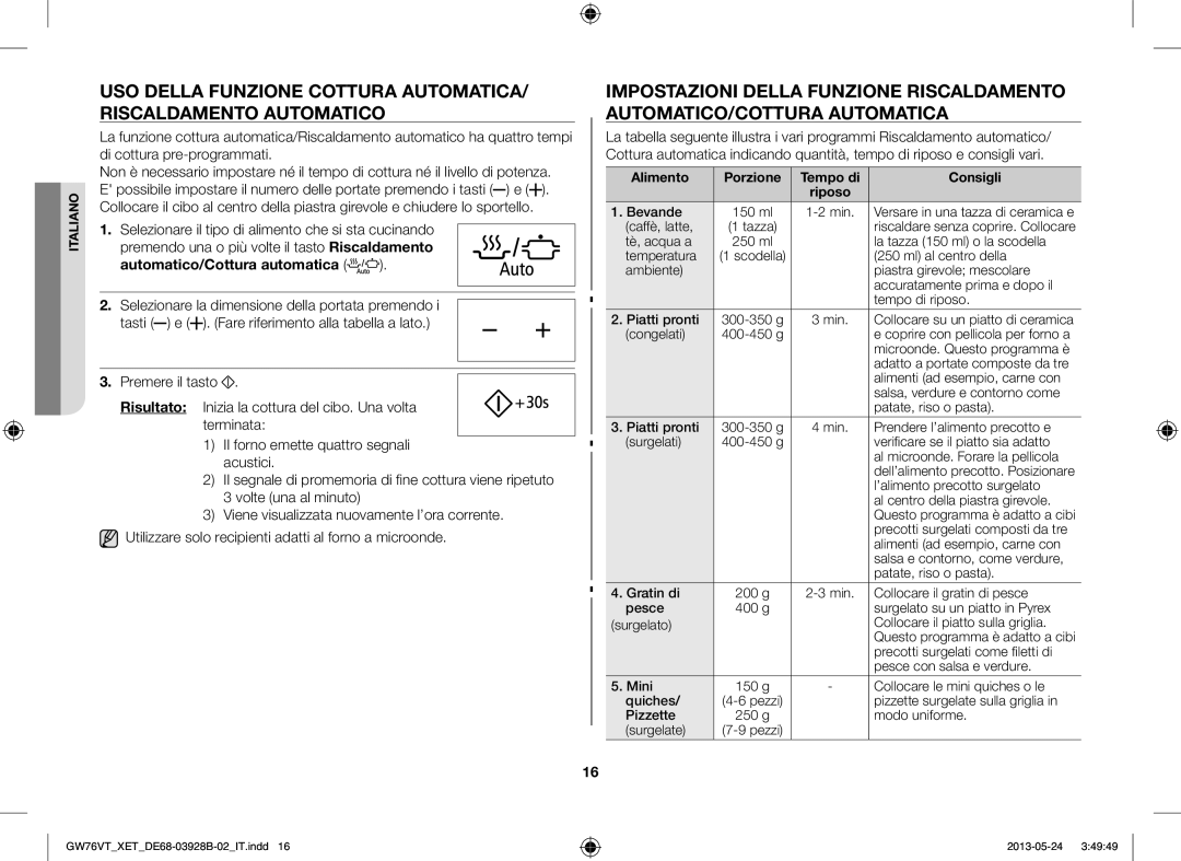 Samsung GW76VT-BB/XET, GW76VT-SSX/XET, GW76VT-SS/XET Automatico/Cottura automatica, Alimento Porzione Tempo di Consigli 