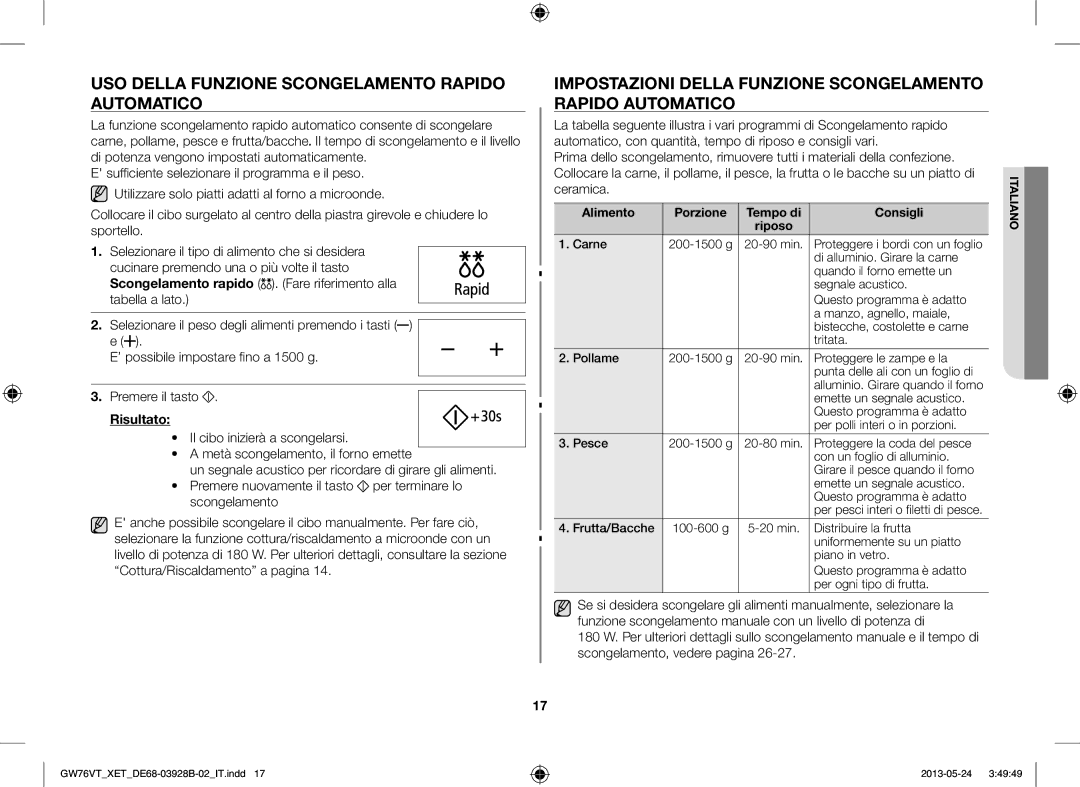 Samsung GW76VT-SS/XET, GW76VT-SSX/XET, GW76VT-BB/XET manual USO Della Funzione Scongelamento Rapido Automatico, Risultato 