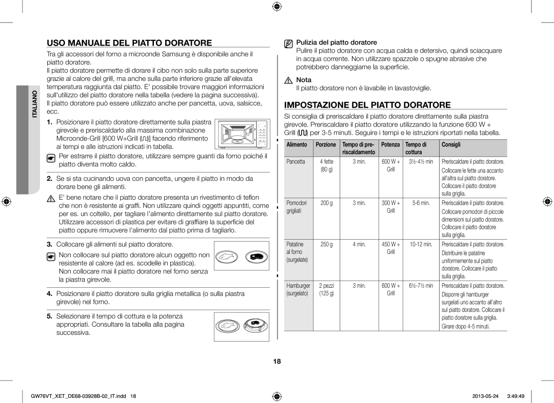 Samsung GW76VT-SSX/XET manual USO Manuale DEL Piatto Doratore, Impostazione DEL Piatto Doratore, Tempo di Consigli, Cottura 