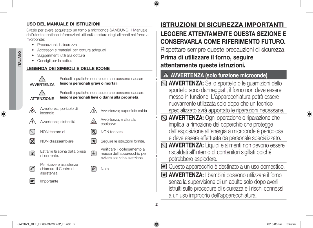 Samsung GW76VT-SS/XET, GW76VT-SSX/XET, GW76VT-BB/XET manual USO DEL Manuale DI Istruzioni, Nota 